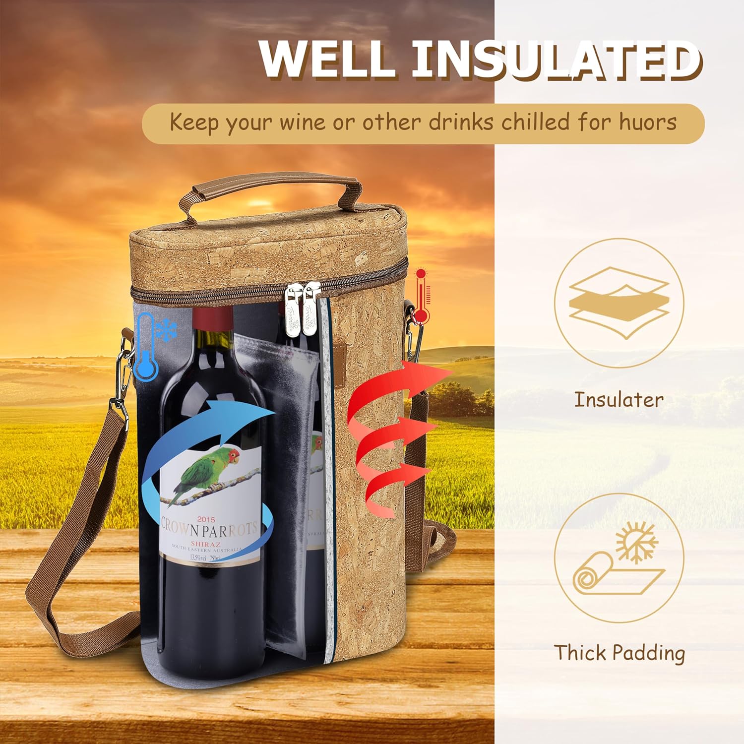 Tirrinia 2 Bottle Wine Gift Tote Carrier - Leakproof & Insulated Padded Versatile Wine Cooler Bag for Travel, BYOB Restaurant, Wine Tasting, Party, Dinner,Gift for Wine Lovers, Cork