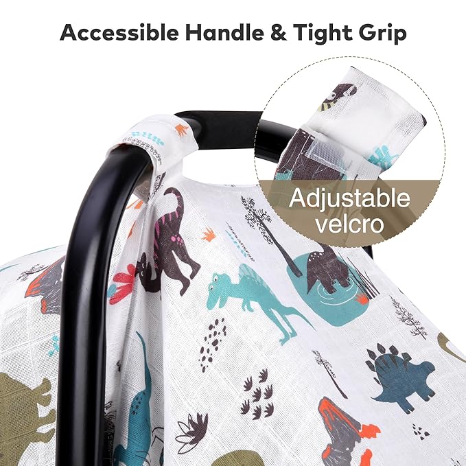 Rquite Muslin Car Seat Cover Baby, Carseat Covers Baby Boy Girl, Breathable Lightweight Infant Car Seat Cover, Baby Carrier Cover Car Seat Canopy Stroller Sun Shade for Summer & Hot Day, Universal Fit-BubblyBeeBaby