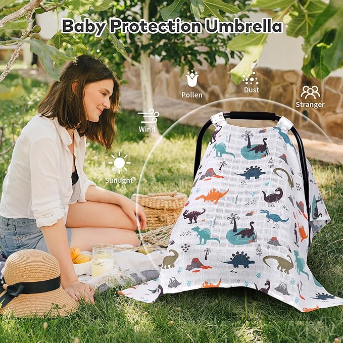 Rquite Muslin Car Seat Cover Baby, Carseat Covers Baby Boy Girl, Breathable Lightweight Infant Car Seat Cover, Baby Carrier Cover Car Seat Canopy Stroller Sun Shade for Summer & Hot Day, Universal Fit-BubblyBeeBaby