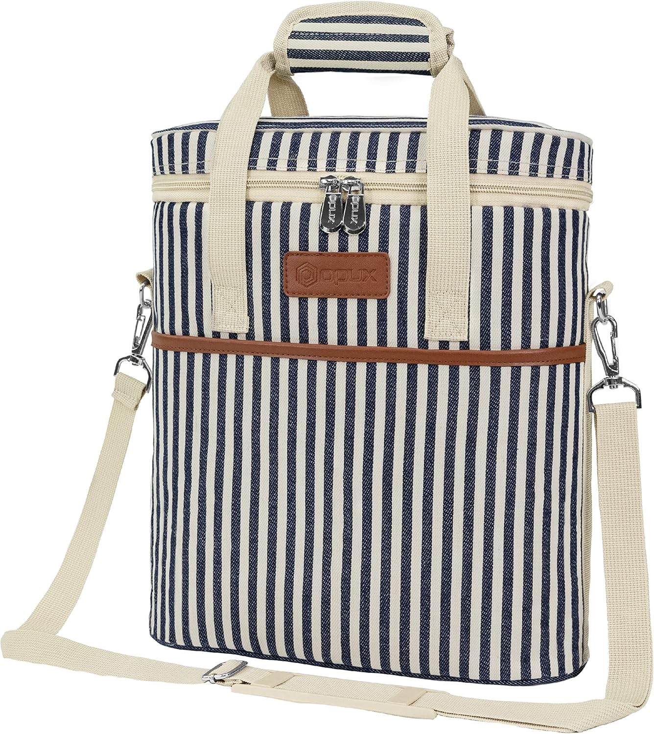OPUX 3 Bottle Wine Carrier Tote, Insulated Leakproof Wine Cooler Bag, Wine Travel Bag Tote for Picnic BYOB Beach, Portable Wine Bottle Carrying Case, Gift for Wine Lover Women Men Christmas, Stripe