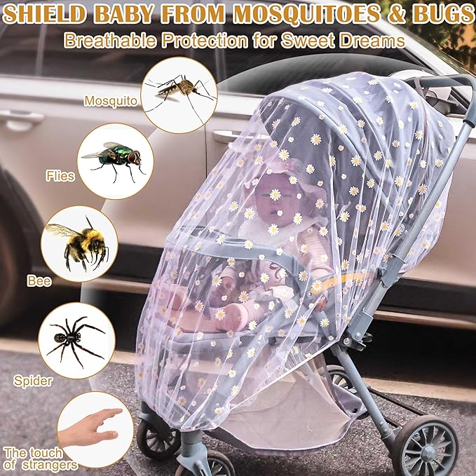 Baby Stroller Mosquito Net (2 Pack) - Durable Mesh Protection for Bassinets, Cradles, Playards, Pack N Plays & Portable Mini Cribs | Breathable Universal Fit Insect Barrier (Black + Daisy)-BubblyBeeBaby
