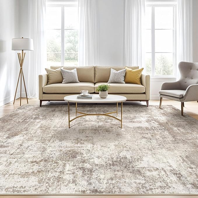 10x14 Area Rugs Living Room: Washable Large Abstract Soft Rug Stain Resistant Indoor Floor Non-Slip Accent Carpet for Women Modern Home Enthusiasts Aged 25-45 - Bedroom Nursery Playroom- Beige Brown-BubblyBeeBaby