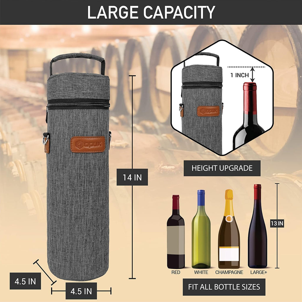 opux Wine Bag Single Bottle Carrier Tote, Insulated Wine Cooler Bag for Travel Picnic Beach with Shoulder Strap, Thermal One Bottle Holder Carrying Case Wine Gift for Women Men, Charcoal Gray