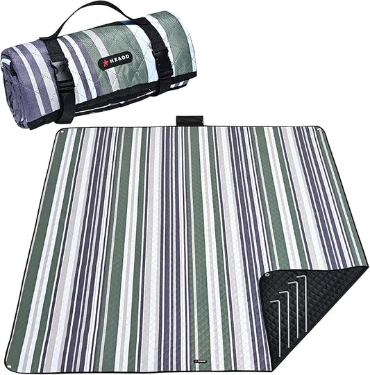 HX&OD Outdoor Picnic Blanket Extra Large, 80''*80' Waterproof Picnic Mat with Stakes Foldable Camping Blanket Portable with Carry Strap for Beach Mat (Green, 80''*80'')-BubblyBeeBaby
