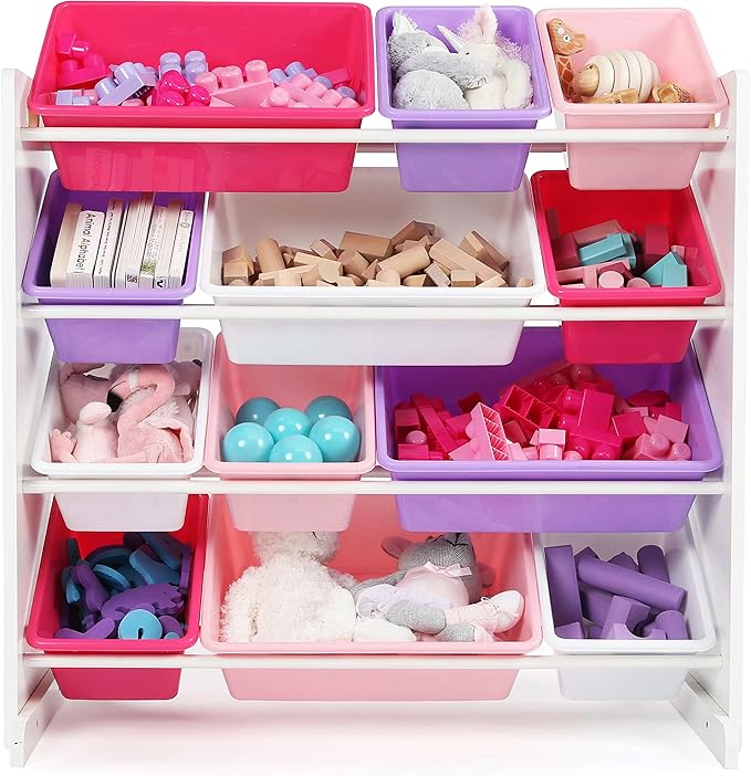 Humble Crew Kids Toy Storage Organizer with 12 Plastic Bins, White/Pink/Purple – Removable Bins for Playroom, Bedroom, Toddler Furniture for Boys and Girls Ages-BubblyBeeBaby