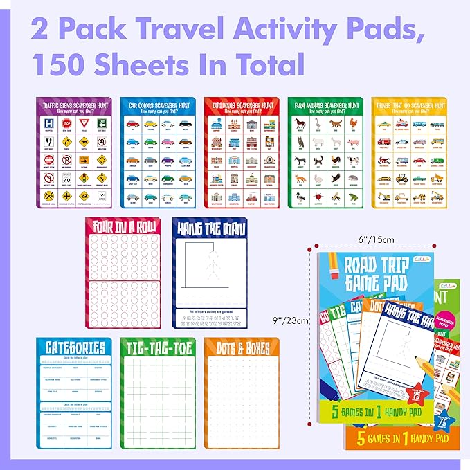 2 Pack Road Trip Game Pads, 10 Games (Categories, Dot & Boxes, Tic-tac-Toe, Scavenger Hunt Bingo), Pen Pencil Paper Game, Plane Trip/Car Travel/Getaway Activity Pad for Kid, Adult-BubblyBeeBaby