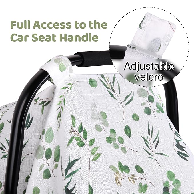 Rquite Car Seat Cover for Girl Boy, Muslin Cotton Infant Car Seat Canopy, Breathable Baby Carrier Cover, Summer Stroller Sun Shade, Leaf-BubblyBeeBaby