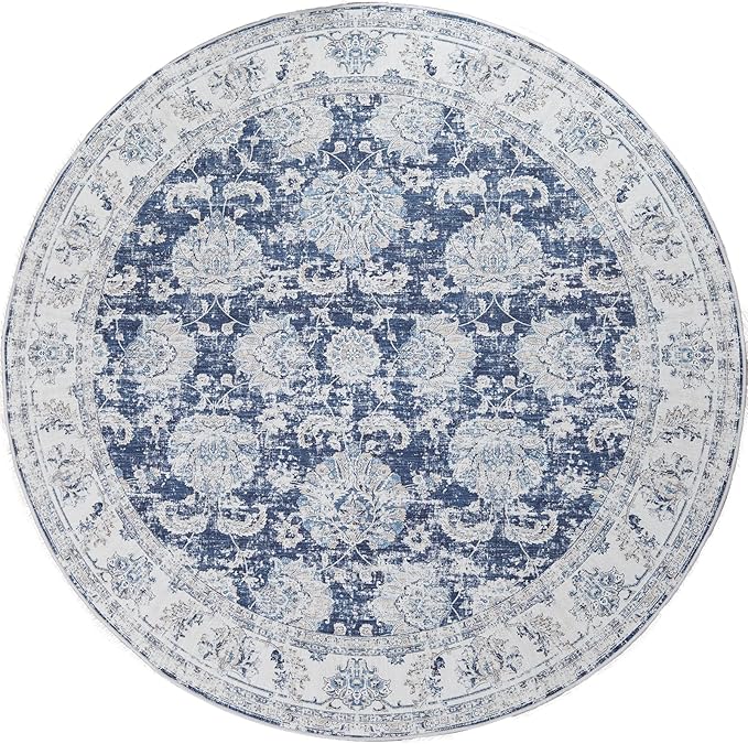 jinchan Round Rug 5ft Area Rugs Vintage Floral Distressed Design - Machine Washable Non-Slip Low-Pile Ultra-Thin Circle Rug for Entryway Bedside Living Room Dining Room Bedroom (5' Round,Dark Blue)-BubblyBeeBaby