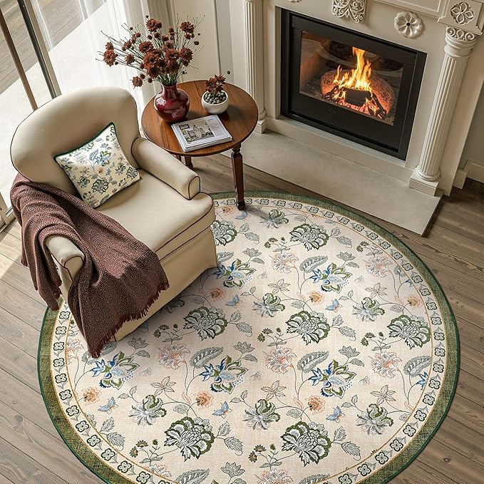 jinchan 5ft Floral Round Rug for Entryway Washable Kitchen Rug Vintage Romance Design Non Slip Indoor Doormat Lightweight Low-Profile Throw Carpet for Living Room Dining Room Bedroom, Green/Beige-BubblyBeeBaby