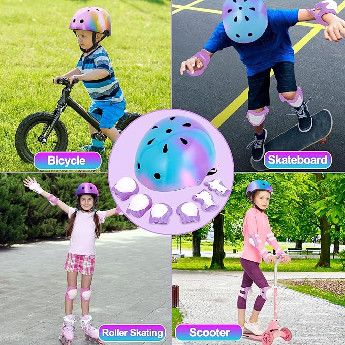 Kids Bike Helmet with DIY Stickers and Knee Pads Elbow Pads Wrist Guard Set for Ages 3-8-14 Toddler Boys Girls Helmet for Roller Skates Cycling Skateboarding Bicycle Scooter-BubblyBeeBaby