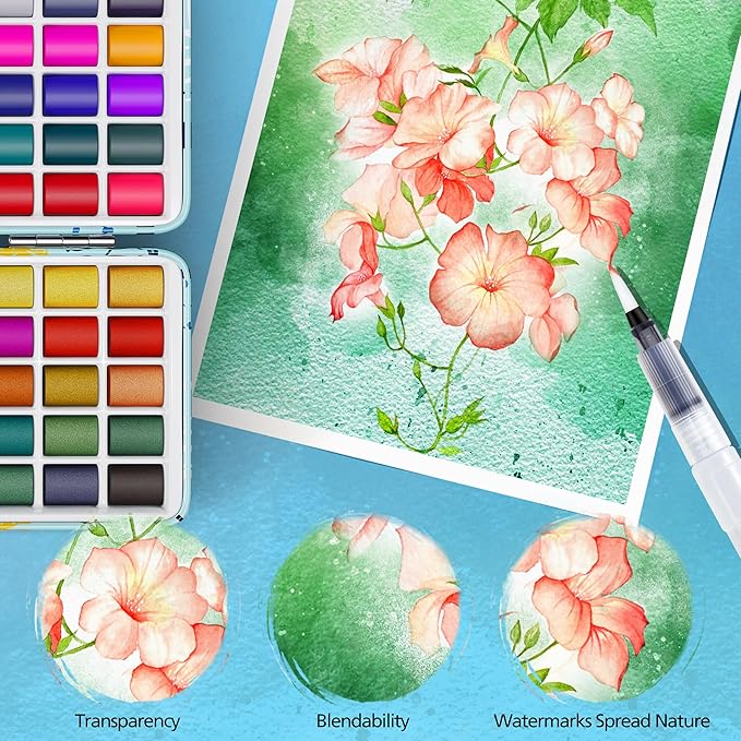 100 Colors Watercolor Paint Set with 4 Brushes, Portable Travel Water Color Kit with Carrying Case, Palette and Accessories, Non-Toxic Art Supplies Gift for Artists Adult Teen Kids Girls-BubblyBeeBaby