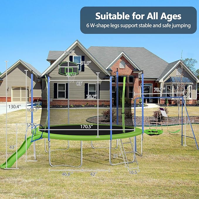12FT 14FT Trampoline with Slide and Swings, ASTM Approved Outdoor Trampoline with Basketball Hoop and Ladder, Capacity for 5-7 Kids and Adults-BubblyBeeBaby