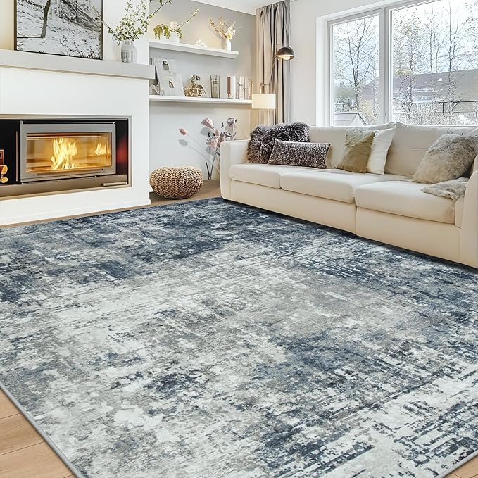 10x14 Area Rugs Large Living Room Rug Washable: Modern Abstract Rug Indoor Modern Carpet Non Slip for Dining Room Bedroom Nursery Home Office Blue/Grey-BubblyBeeBaby
