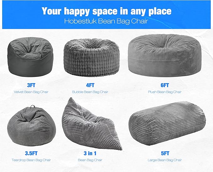 Hobestluk 5FT Bean Bag Chairs Adult Bean Bag with Portable Handle Comfy Large Bean Bag Lounge Chair with Removable Cover for Living Room Bedroom (Stripe Grey, 5FT)-BubblyBeeBaby