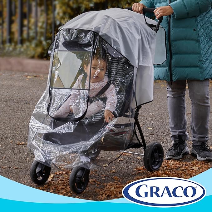 Graco Univeral Deluxe Weather Shield with Zippered Window, Baby Rain Cover, Universal Size to fit Most Stollers, Waterproof, Windproof, Ventilation, Protection, Shade, Umbrella, Pram, Vinyl, Clear-BubblyBeeBaby