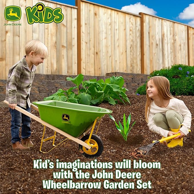 John Deere Deluxe 34" Wheelbarrow and Garden Set Includes 5 Realistic Gardening Tools,Gardening Apron, Gardening Gloves, Large Metal Wheelbarrow with Wooden Handles, Outdoor Toy Ages 5+-BubblyBeeBaby