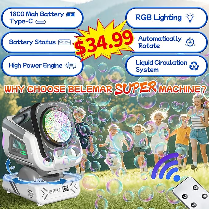 2025 Upgraded Bubble Machine with Remote Control, Automatic Rotation & RGB Lights, 1800mAh Rechargeable Battery, Type-C Charge, Bubble Maker for Kids, Weddings, Birthday Parties, Outdoor Activities-BubblyBeeBaby