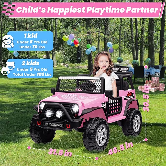 24V 4WD Ride on Truck Car w/800W Motors, Gift Flower, Remote Control, 2 Seaters, Light Bar, 3 Speeds, Pop Music, Power Four Wheels, 25 Volt Ride on Toy Car for Big Kids, Pink-BubblyBeeBaby