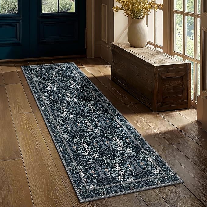 Joydeco Floral Washable Runner Rug for Kitchen, Forest Hallway Rug Runner 2x6 Non Slip, Boho Botanical Ultra-Thin Soft Indoor Floor Throw Carpet for Bathroom Entryway Foyer, Blue-Black-BubblyBeeBaby