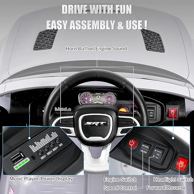 12V 7Ah Kids Electric Ride on Car, Licensed Dodge Charger SRT Hellcat, Battery Powered 4-Wheels Toy Car Electric Vehicle for Kids with Remote Control, 3 Speeds, LED Lights, Music (White)-BubblyBeeBaby