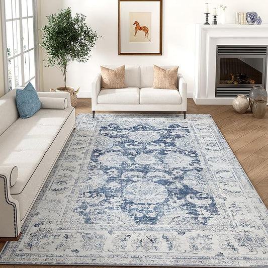 jinchan Washable Area Rug 8x10 for Living Room Soft Faux Wool Ultra-Thin Stain Resistant Non-Slip Distressed Vintage Floral Large Carpet for Bedroom,Dining Room,Home Office,Nursery(Dark Blue, 8'x10')-BubblyBeeBaby