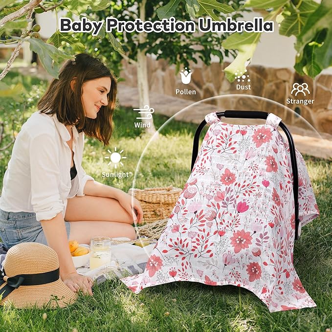 Rquite Muslin Car Seat Cover Baby, Carseat Covers Baby Girl Boy, Breathable Lightweight Infant Car Seat Cover, Baby Carrier Cover Car Seat Canopy Stroller Sun Shade for Summer & Hot Day, Universal Fit-BubblyBeeBaby