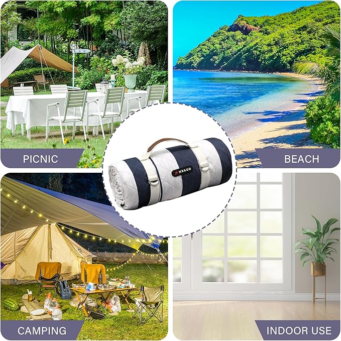 HX&OD Outdoor Picnic Blanket Extra Large, 80''*60'' Waterproof Picnic Mat with Stakes Foldable Camping Blanket Portable with Carry Strap for Beach Mat (Green& White, 80''*60'')-BubblyBeeBaby