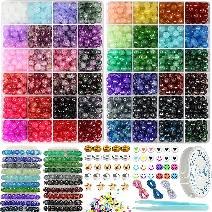 JULIMAIDONG 8mm Glass Beads for Bracelets 2100pcs, 48 Colors Round Crystal Glass Bracelet Making Kit for Jewelry Making Kits Bead DIY Crafts with Spacer Charms Accessories (48Color(Solid+Printing)-BubblyBeeBaby