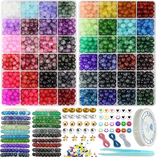 JULIMAIDONG 8mm Glass Beads for Bracelets 2100pcs, 48 Colors Round Crystal Glass Bracelet Making Kit for Jewelry Making Kits Bead DIY Crafts with Spacer Charms Accessories (48Color(Solid+Printing)-BubblyBeeBaby