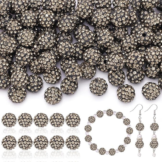 105pcs 10mm Rhinestone Beads for Jewelry Making, Gray Shiny Round Disco Ball Beads Bulk, Sparkle Crystal Clay Christmas for Bracelet Baseball Necklace Earring Crafting and DIY-BubblyBeeBaby