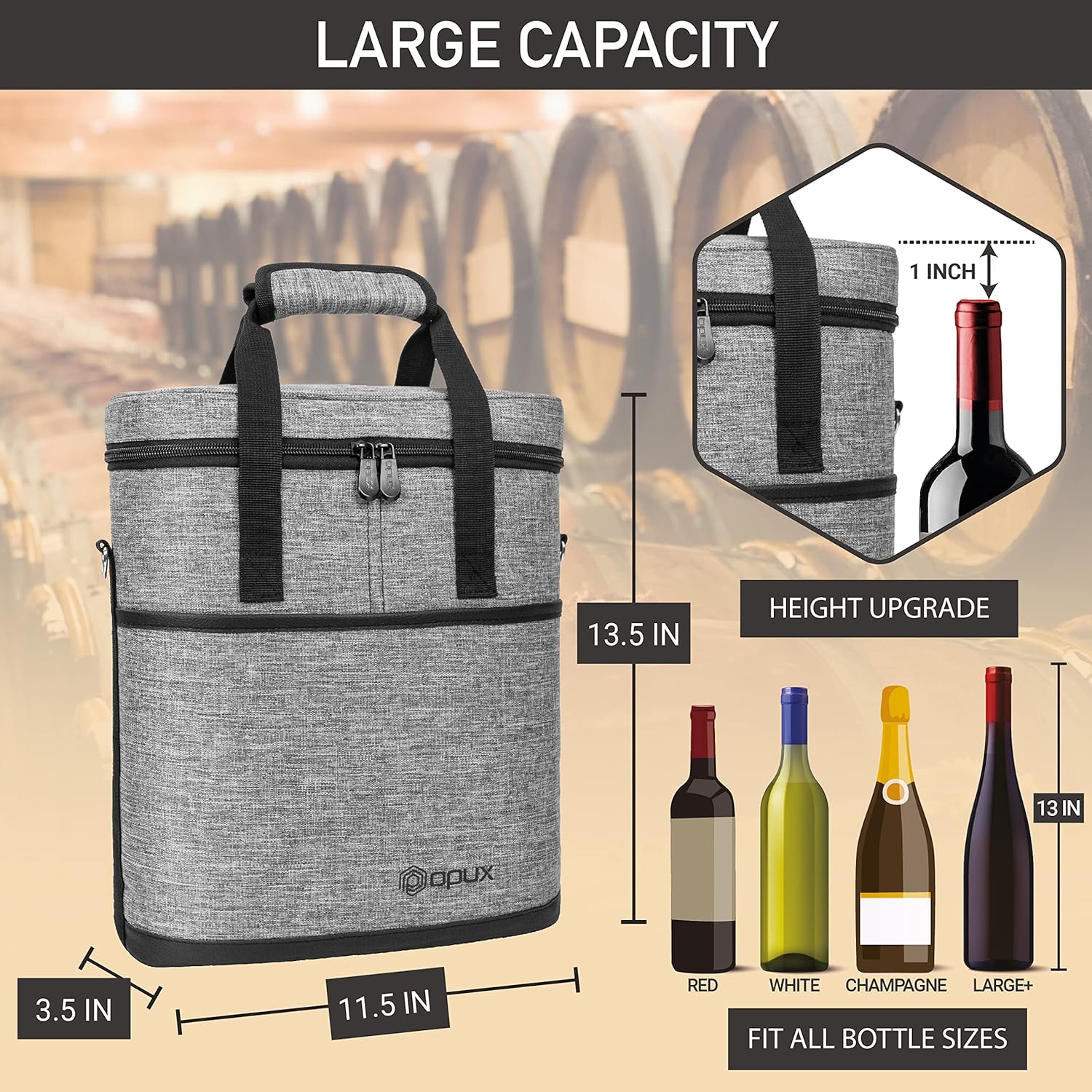 OPUX 3 Bottle Insulated Leakproof Wine Cooler Bag, Portable Wine Bottle Carrying Case - Grey