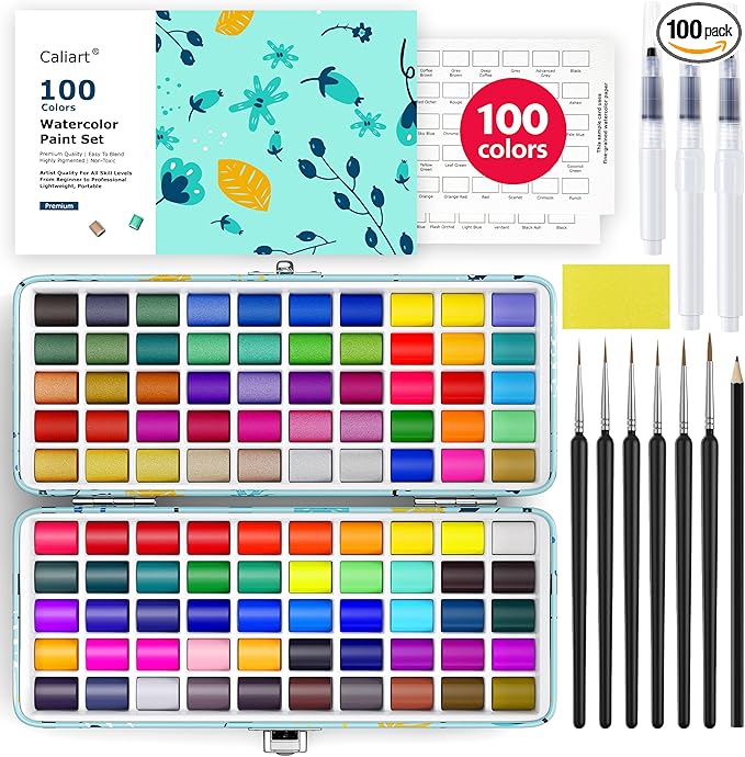 100 Colors Watercolor Paint Set with 4 Brushes, Portable Travel Water Color Kit with Carrying Case, Palette and Accessories, Non-Toxic Art Supplies Gift for Artists Adult Teen Kids Girls-BubblyBeeBaby