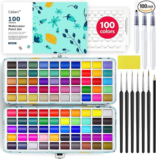 100 Colors Watercolor Paint Set with 4 Brushes, Portable Travel Water Color Kit with Carrying Case, Palette and Accessories, Non-Toxic Art Supplies Gift for Artists Adult Teen Kids Girls-BubblyBeeBaby