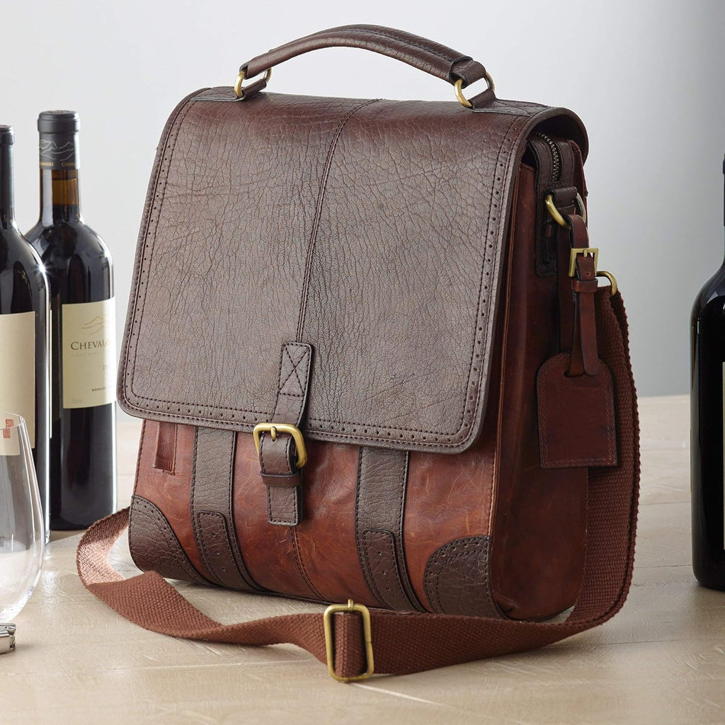 Wine Enthusiast 3-Bottle Leather Wine Tote Bag | Handcrafted Leather Wine Carrier with Dividers | Secure Buckle & Zipper Closure | Portable Wine Cooler Bag for Picnics, Travel & Parties | Wine Gifts