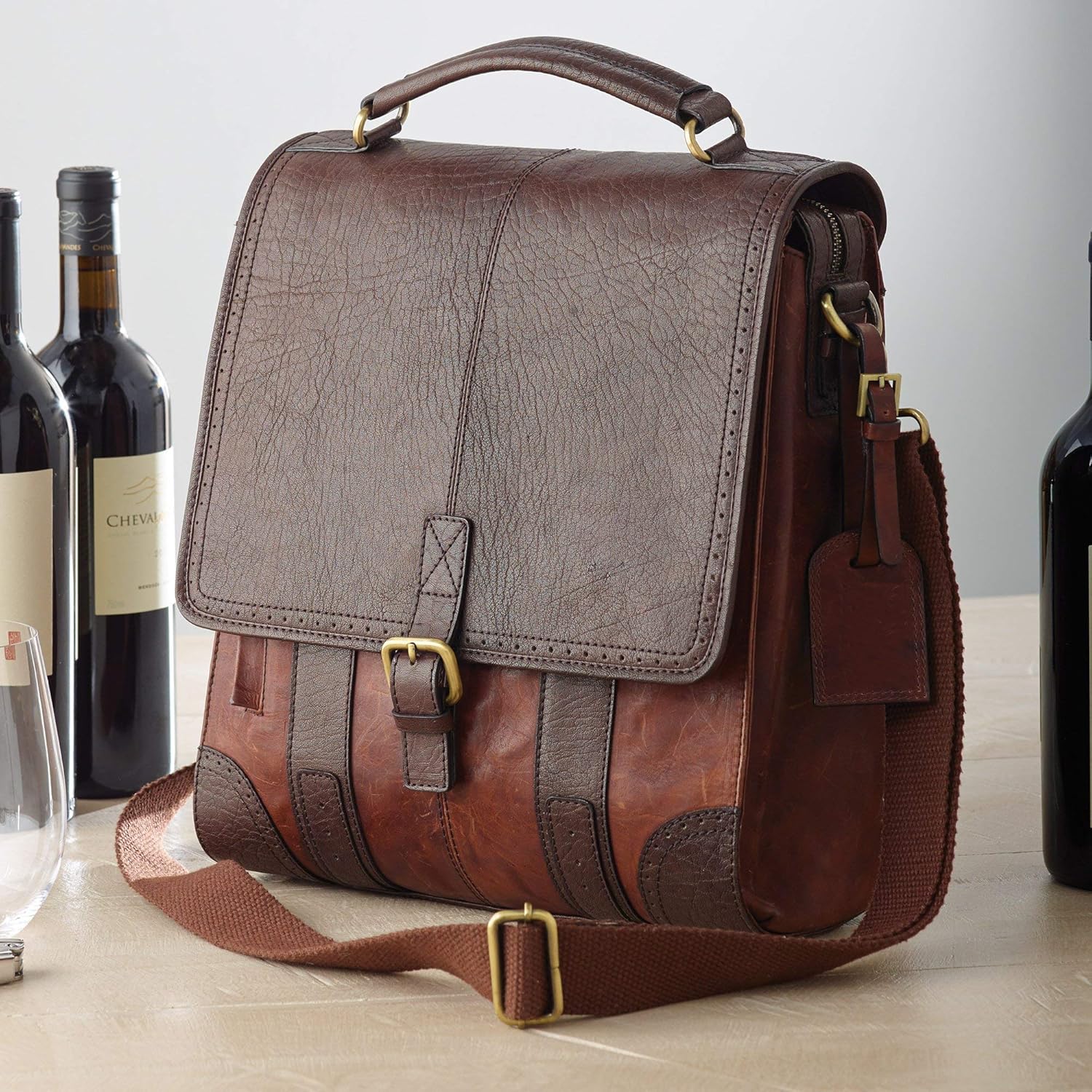 Wine Enthusiast 3-Bottle Leather Wine Tote Bag | Handcrafted Leather Wine Carrier with Dividers | Secure Buckle & Zipper Closure | Portable Wine Cooler Bag for Picnics, Travel & Parties | Wine Gifts