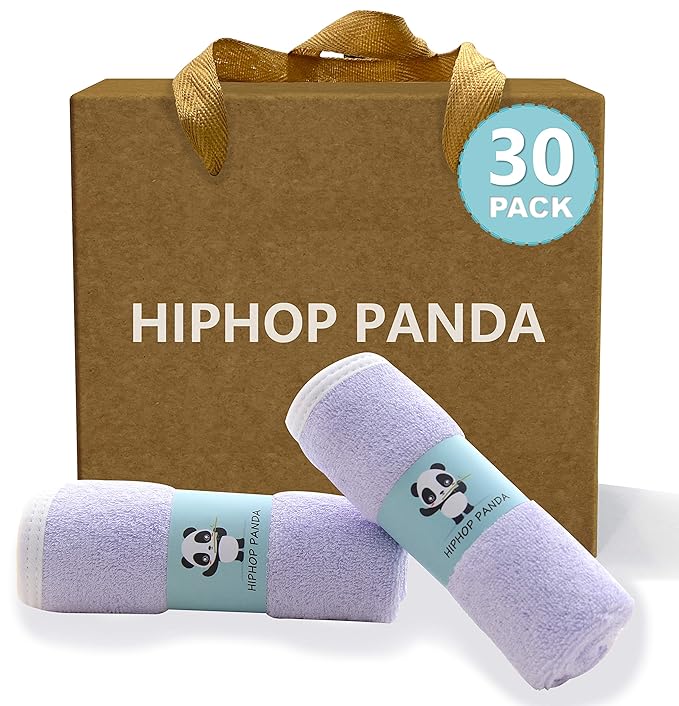 HIPHOP PANDA Baby Washcloths, Rayon Made from Bamboo - 2 Layer Ultra Soft Absorbent Newborn Bath Face Towel - Reusable Baby Wipes for Delicate Skin - Purple, 30 Pack-BubblyBeeBaby