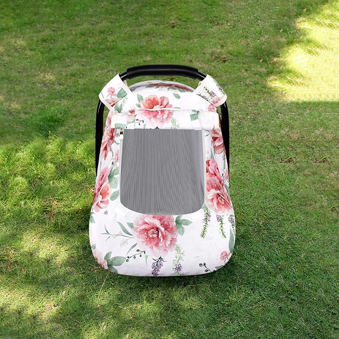 Baby Carseat Cover Girls, Pea Pod Floral Infant Car Seat Covers Canopy for Newborn with 2 Layers Windows of Breathable Mesh/Fabric, Lightweight Polyester/Minky Dot Backing, Snug Fit Most Baby Car Seat-BubblyBeeBaby