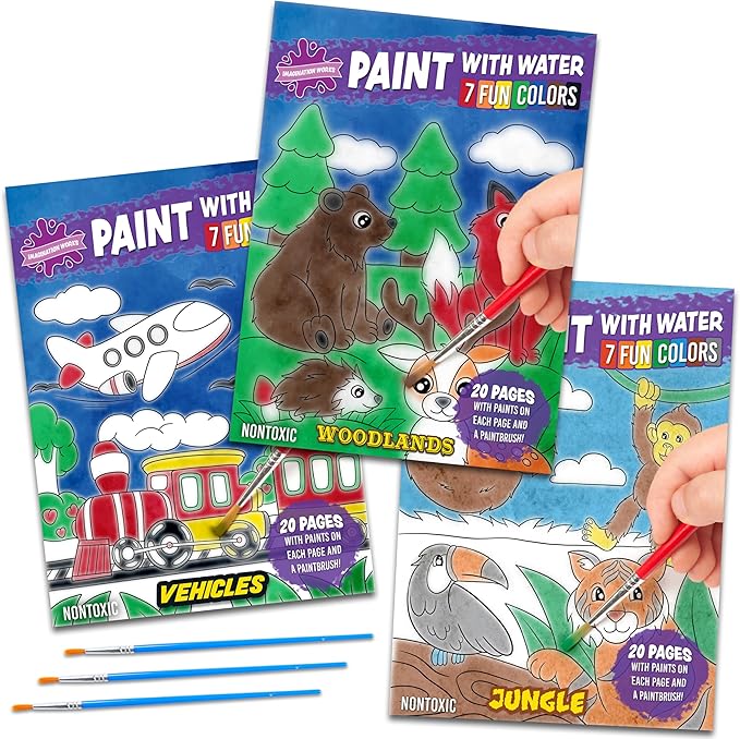 Imagination Works® Paint with Water Books for Kids, 3 Pack | Watercolor Coloring Book Set for Toddler Activities | Spillproof Kids Paint Palettes on Each Page (Jungle, Vehicles, Woodland)-BubblyBeeBaby