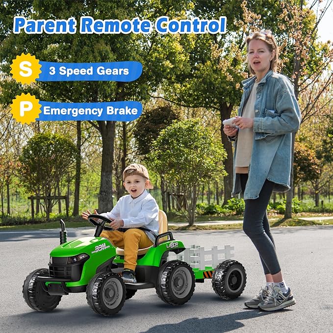 24V Ride On Tractor w/Tiltable & Detachable Trailer, 2x65W Motors, EVA Tires, Remote Control, Bluetooth, Shifter, Music, Electric Car for Kids, Green-BubblyBeeBaby