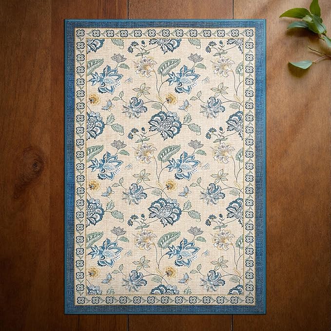 jinchan 2x3 Floral Rug for Entryway Washable Kitchen Rug Vintage Romance Design Small Mat Non Slip Indoor Doormat Lightweight Low-Profile Throw Carpet for Entrance Bathroom Laundry Room, Blue/Beige-BubblyBeeBaby