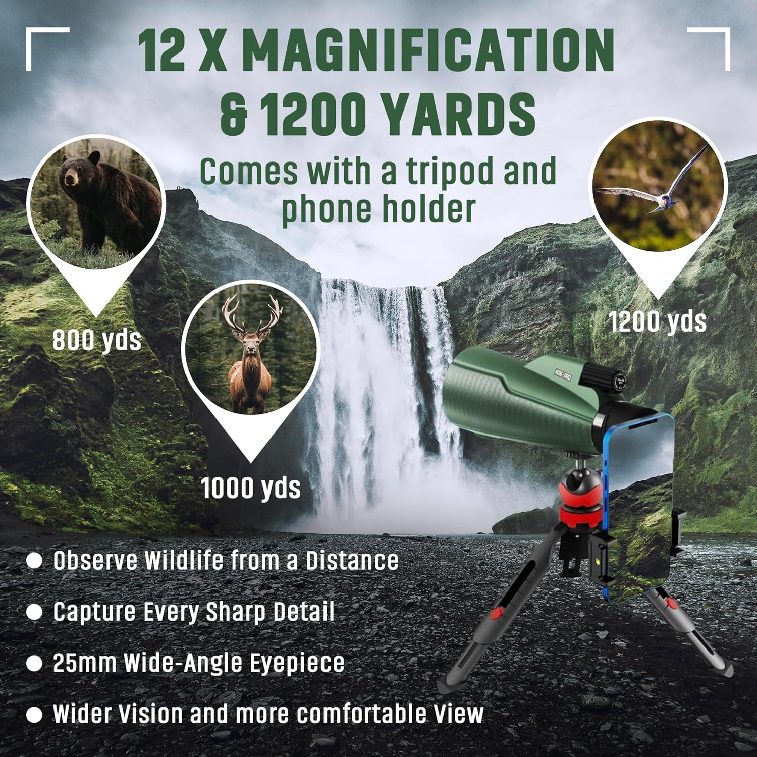 Monocular Telescope - 12x56 High Powered, Compact, Dust-Proof, Waterproof, Handheld Scope with Smartphone Adapter and Metal Tripod - Ideal for Hunting, Stargazing, Birdwatching, and Outdoor Adventures