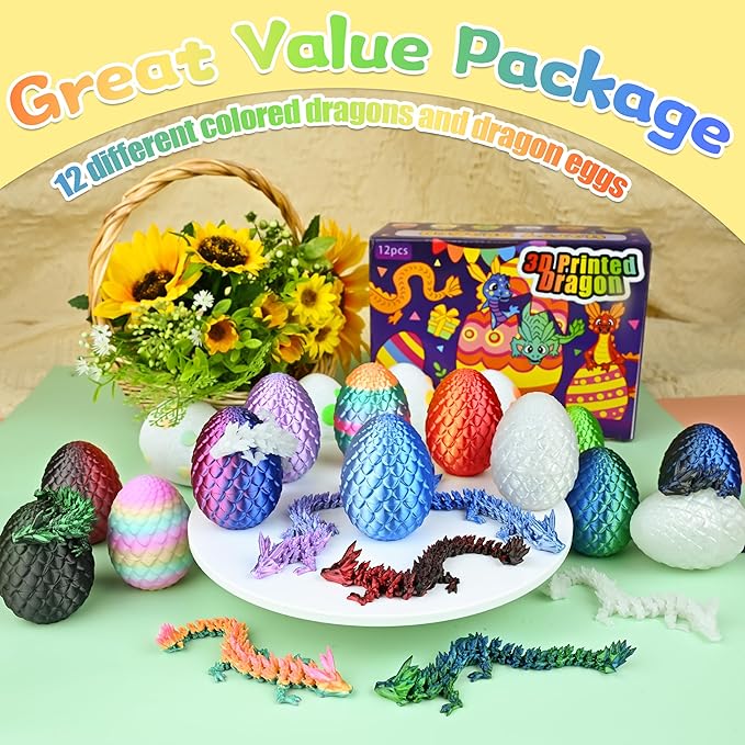 12PCS 3D Printed Dragon Eggs with Dragon Inside, Cool Stuff Fun Gifts, Mini Dragon Egg Set Articulated Crystal Dragon Fidget Toy for Adults Teens Boy Gifts Easter Basket Stuffers-BubblyBeeBaby