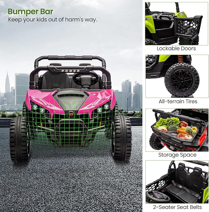 24V 2 Seater Ride On Car Truck, Power Wheels Kids UTV w/Parent Remote Control, 3.1 MPH Max Speed, Music Player, LED Lights & Storage, Electric Vehicle Ride On Toy for Kids Toddler Ages 3-8, Pink-BubblyBeeBaby