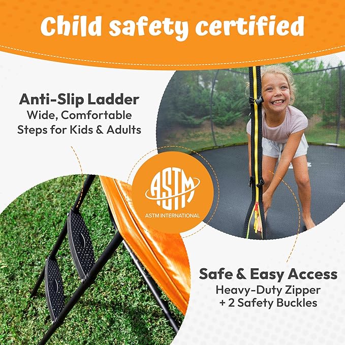 JUMPZYLLA Trampoline Outdoor 8FT 10FT 12FT 14FT 15FT 16FT with Enclosure and Ladder, ASTM Approved Recreational Trampoline for Kids and Adults, Anti-Rust Coated Frame-BubblyBeeBaby