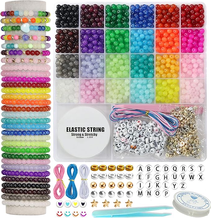 JULIMAIDONG 6mm Glass for Bracelets 1400pcs, 24 Colors Round Crystal Glass Bracelet Making Kit for Jewelry Making Kits Bead DIY Crafts with Spacer Charms Accessories (6mm, 24Color)-BubblyBeeBaby