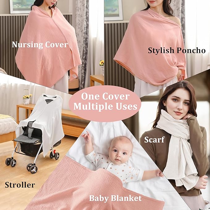 2-Pack Nursing Covers for Breastfeeding, 100% Organic Cotton Muslin Breastfeeding Cover, Multi-Use Nursing Scarf, Car Seat Canopy, Stroller Cover, Soft Breathable Baby Blanket Pink-BubblyBeeBaby