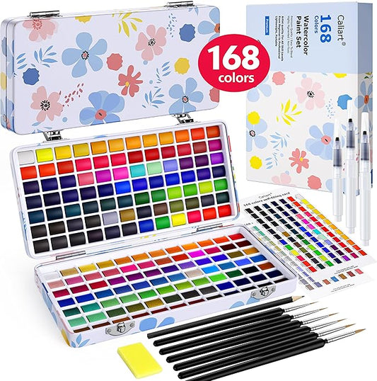 168 Colors Watercolor Paint Set with 4 Brushes, Portable Travel Water Color Kit with Carrying Case, Palette and Accessories, Non-Toxic Art Supplies Gift for Artists Adult Teen Kids Girls-BubblyBeeBaby