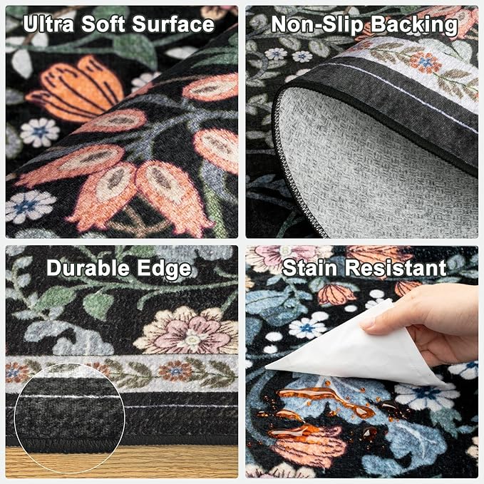 10x12 Area Rugs for Living Room: Floral Washable Rug Vintage Large Soft Boho Non-Slip Carpet Indoor Stain Resistant Low Pile Carpets for Bedroom Dining Room Farmhouse Nursery Home Office Dark Black-BubblyBeeBaby