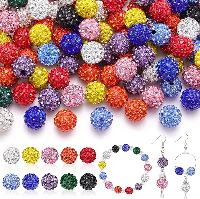 100 Pcs 10 Mixed Colors Rhinestone Beads for Jewelry Making, Sparkle Crystal Clay Christmas for Bracelet Baseball Necklace Earring Crafting and DIY, Shiny Round Shamballa Disco Ball Beads-BubblyBeeBaby