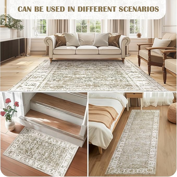 jinchan Runner Rug 3x10-2pcs Kitchen Washable Vintage Hallway Rug Floral Print Floor Cover Indoor Thin Retro Mat Accent for Bathroom Laundry Room Bedroom Office Farmhouse (Double,Taupe)-BubblyBeeBaby